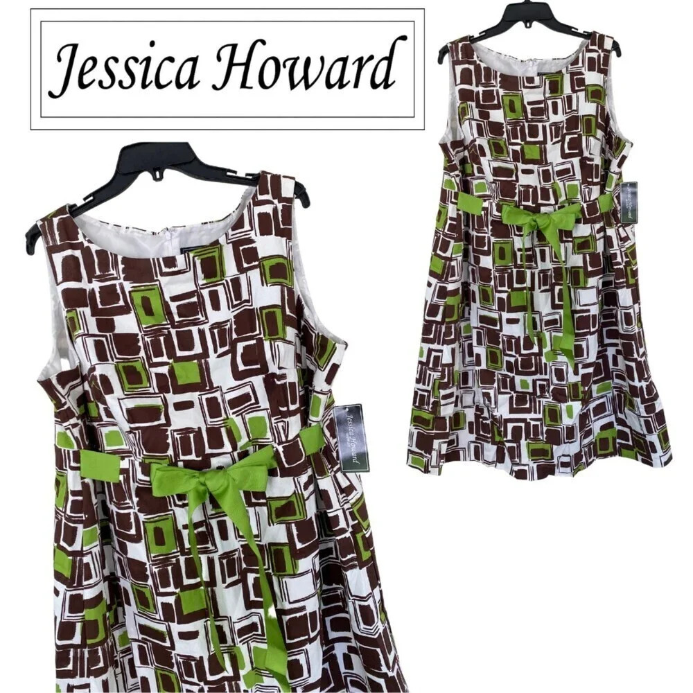 NWT,‎ Jessica Howard, Sleeveless Fit and Flare Sundress, Green, Brown, White